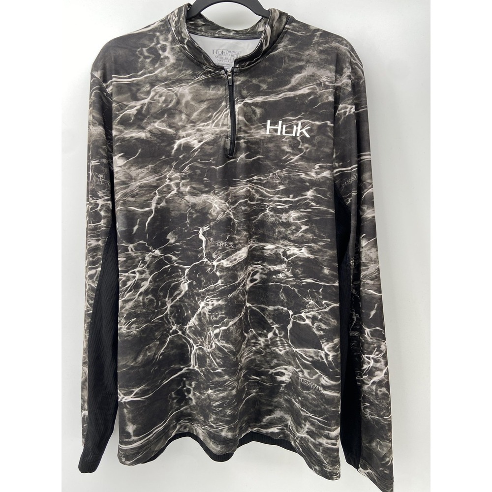 Huk Shirt Mens Large Black Icon Camo 1/4 Zip Fishing Performance Vent UPF Light